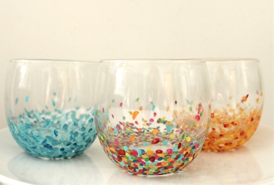 Craft night- transform dollar store glasses into anthropologie-inspired confetti glasses.